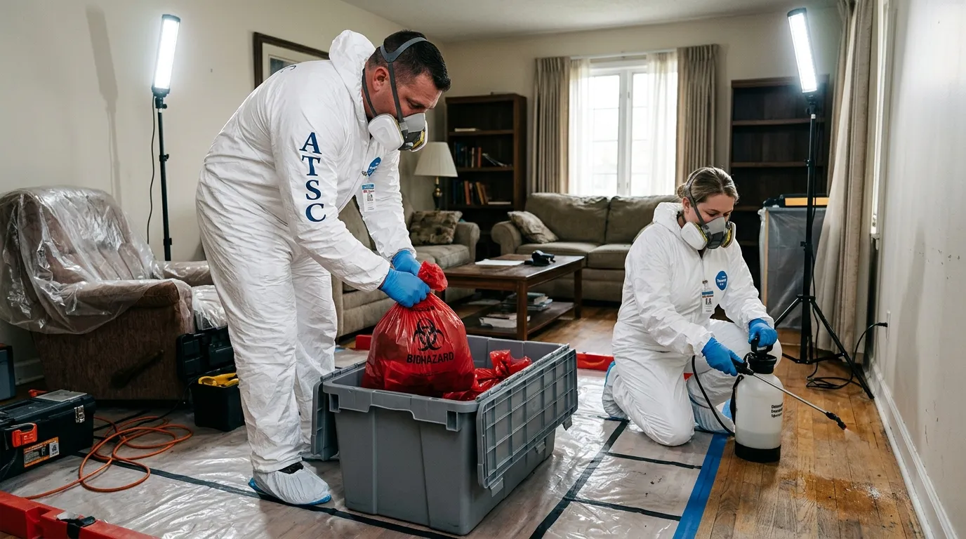 Professional Biohazard Cleanup technician in full PPE working in Guadalupe